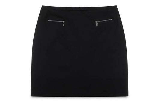 Front view of Roman Women's Black Pencil Skirt, size 18, with Zip Accents