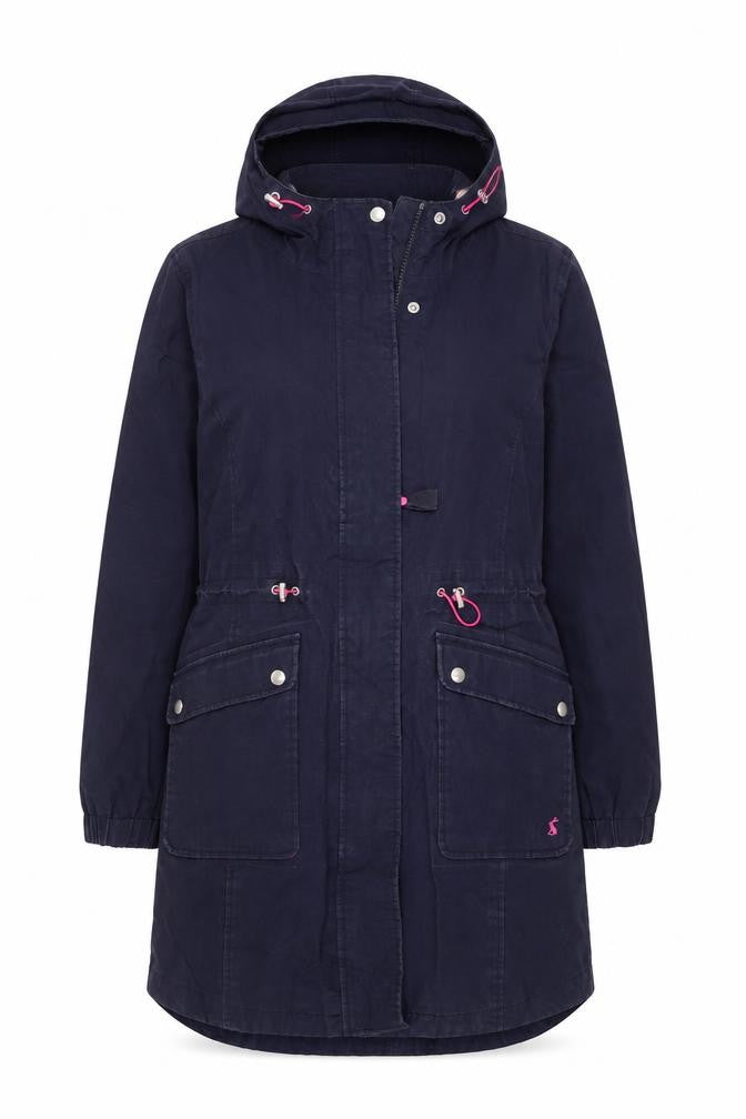 Front view of Joules Women's Blue Parka XS Waterproof Coat