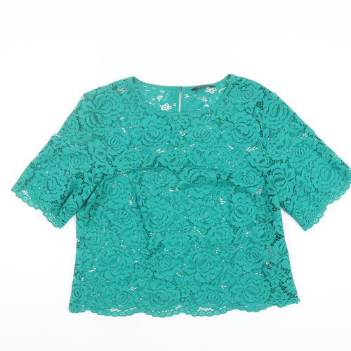 Roman Women's Green Cropped Lace Blouse, Size 14