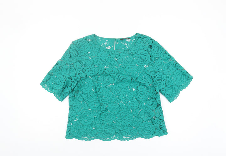 Roman Women's Green Cropped Lace Blouse, Size 14