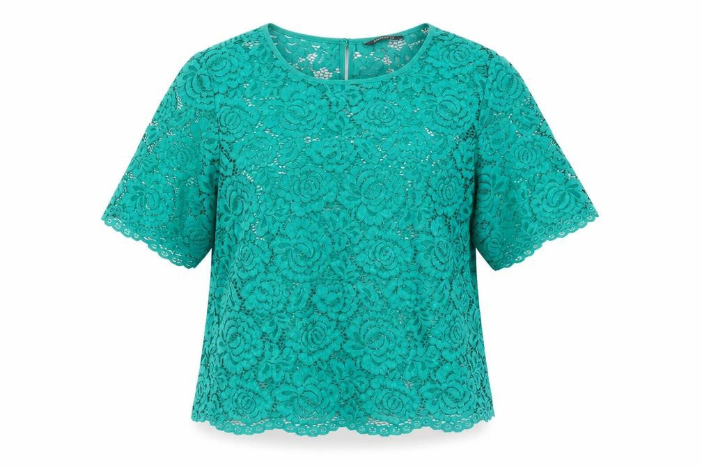 Front view of Roman Women's Green Cropped Lace Blouse, size 14