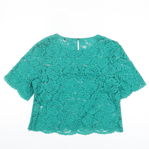 Roman Women's Green Cropped Lace Blouse, Size 14
