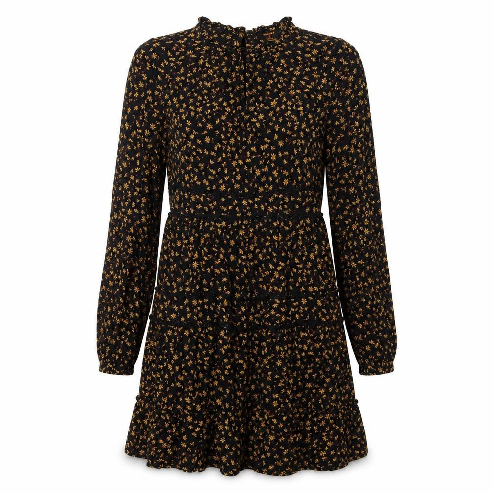 Front view of Superdry Women's Black Floral A-Line Dress, size 8