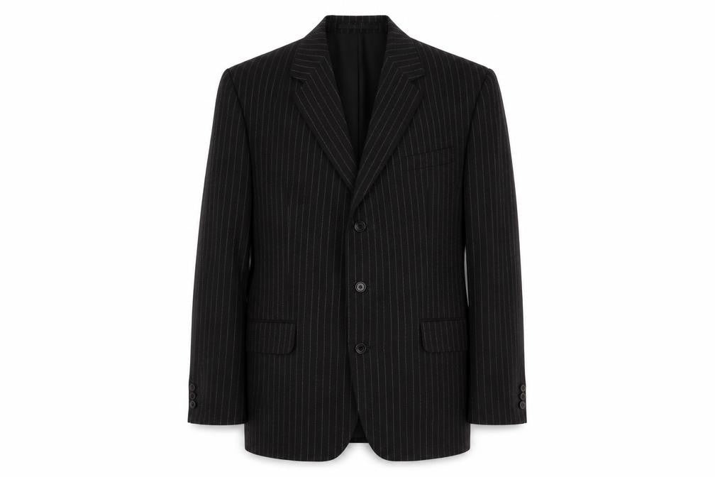 Front view of DAKS Men's Black Striped Wool Suit Jacket 41R