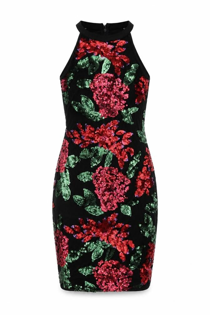 Front view of Quiz Women's Black Sequin Bodycon Dress, size 6