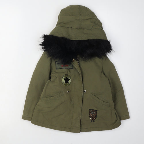 Zara Girls Green Parka Coat, Size 4 Years, Hooded, Lined