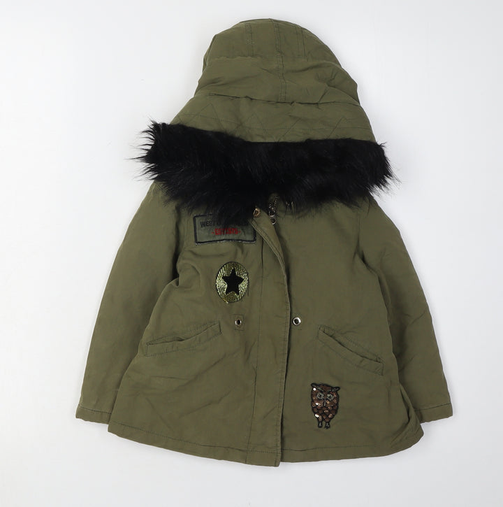 Zara Girls Green Parka Coat, Size 4 Years, Hooded, Lined