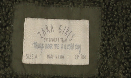 Zara Girls Green Parka Coat, Size 4 Years, Hooded, Lined