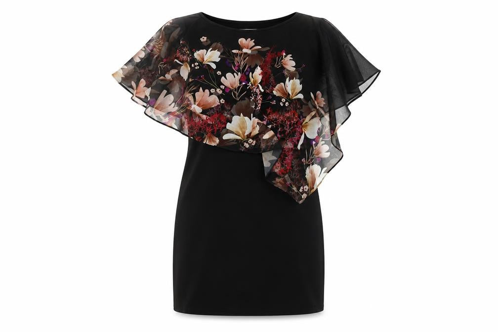 Front view of Wallis Women's Black Floral Dress, size 10, Petite