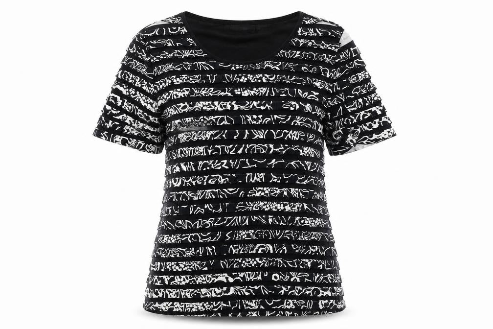 Front view of Country Casuals Women's Black Striped T-Shirt, size S, Short Sleeve