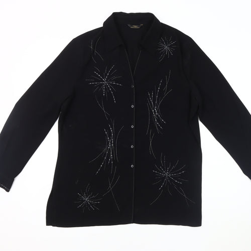 Marks and Spencer Women's Black Sequin Button-Up Shirt - Size 14