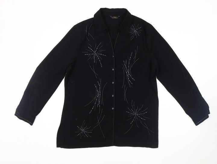 Marks and Spencer Women's Black Sequin Button-Up Shirt - Size 14