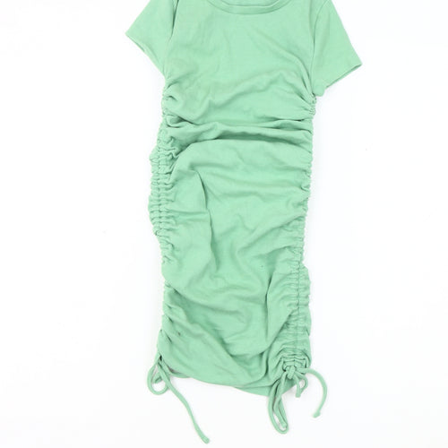 Bershka Women's Green Ruched Short Sleeve Dress