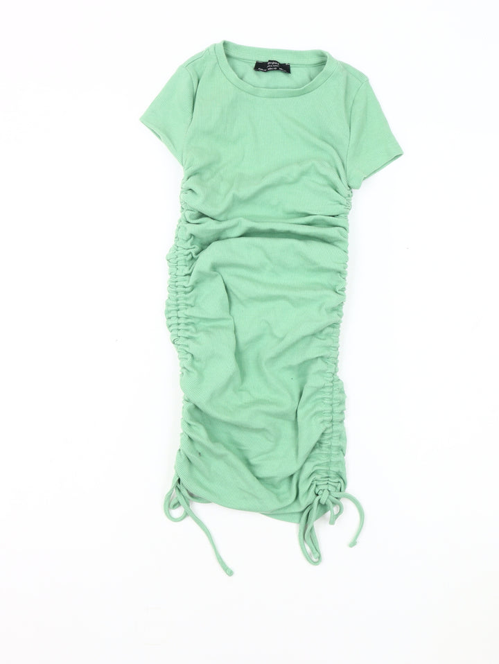 Bershka Women's Green Ruched Short Sleeve Dress