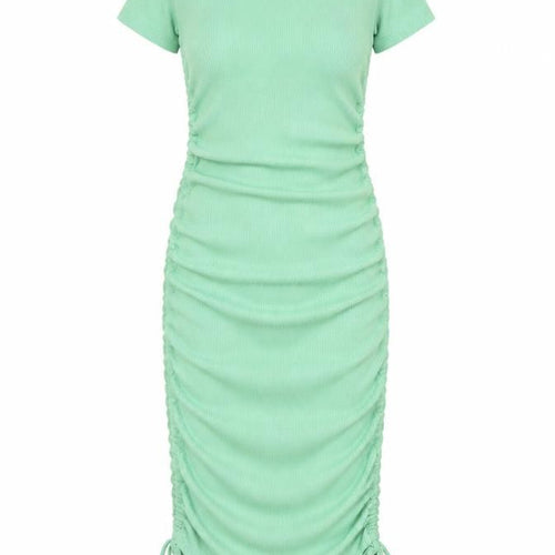 Bershka Women's Green Ruched Short Sleeve Dress