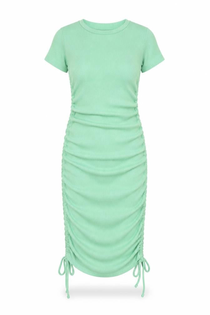Bershka Women's Green Ruched Short Sleeve Dress