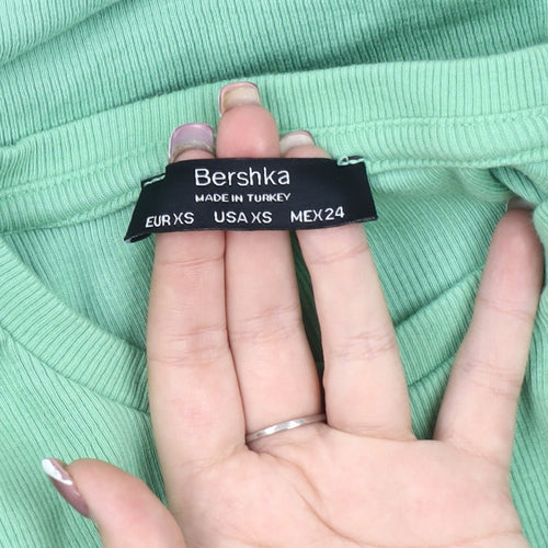 Bershka Women's Green Ruched Short Sleeve Dress