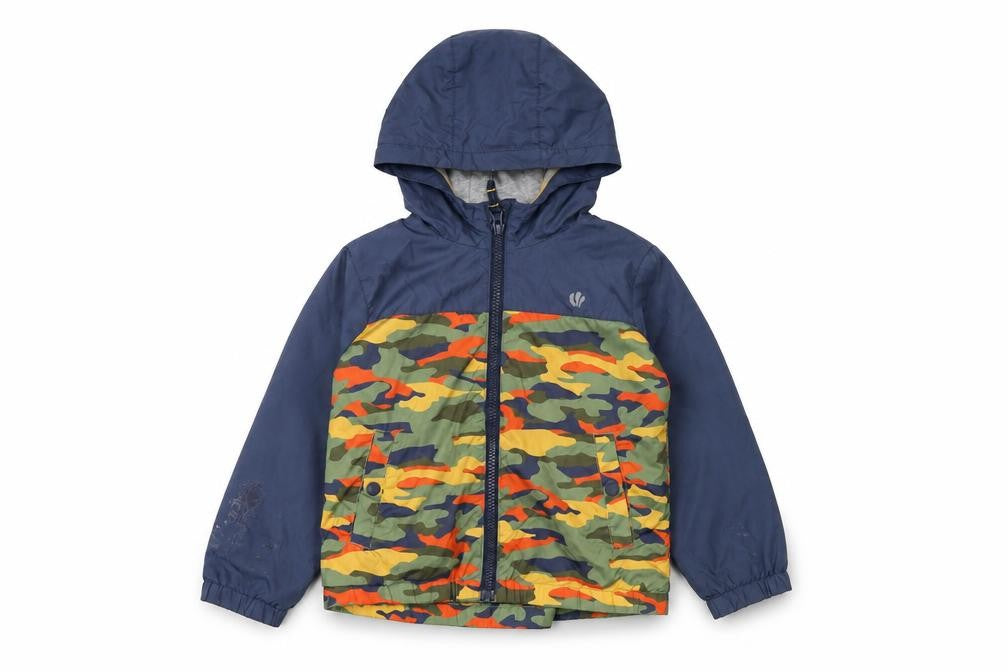 Front view of FatFace boys’ blue camo rain coat, 3-4 years, hooded zip jacket