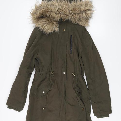 Oasis Women's Green Parka Coat S Fur Hooded
