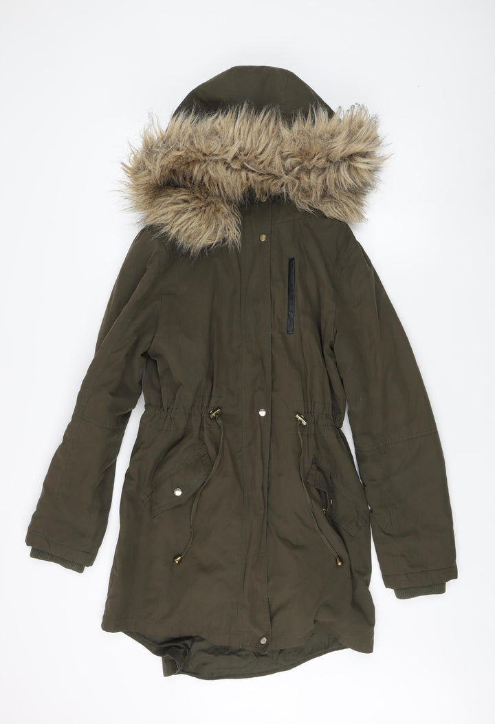 Oasis Women's Green Parka Coat S Fur Hooded