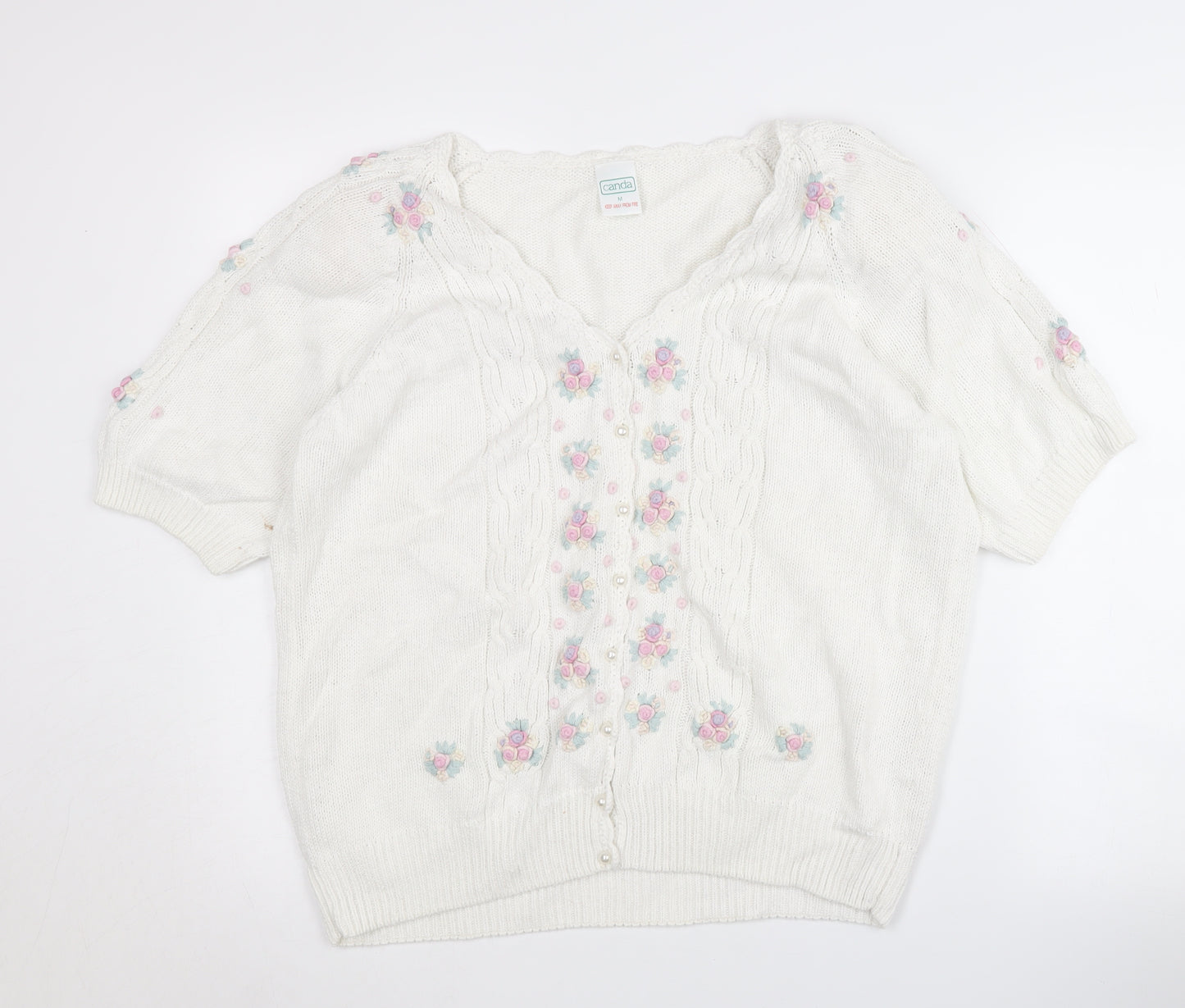 Canda Women's Ivory Floral Cardigan, M, Embroidered Knit