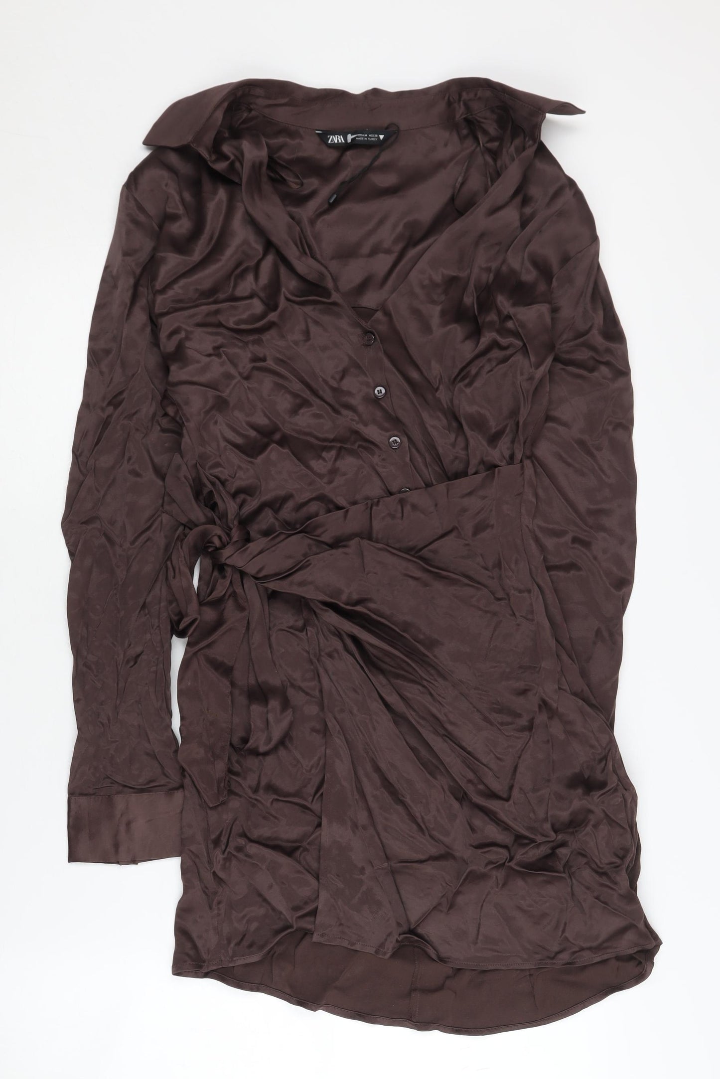 Zara Women's Brown V-Neck Long Sleeve Dress Size 8