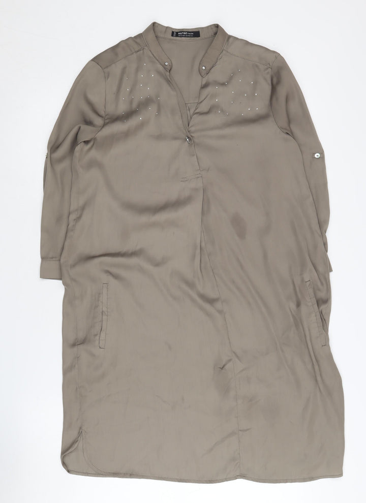 Mango Women Brown S Shirt Dress, Long Sleeve, Henley Neck