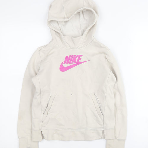 Nike Girls Beige Pullover Hoodie with Pink Logo, Size S