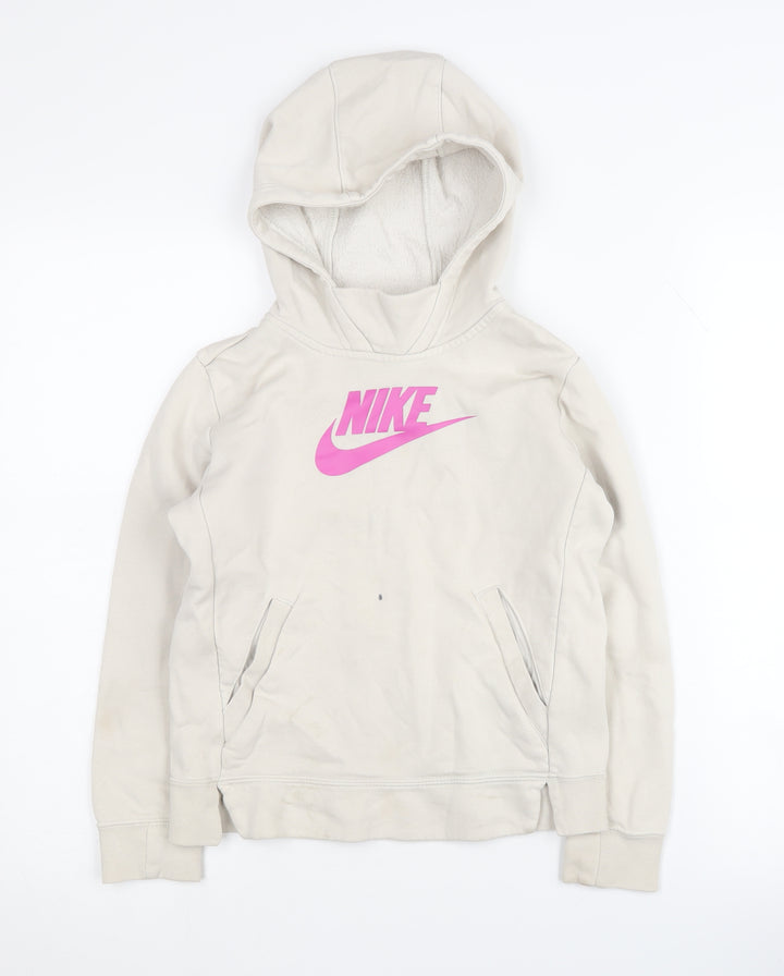 Nike Girls Beige Pullover Hoodie with Pink Logo, Size S