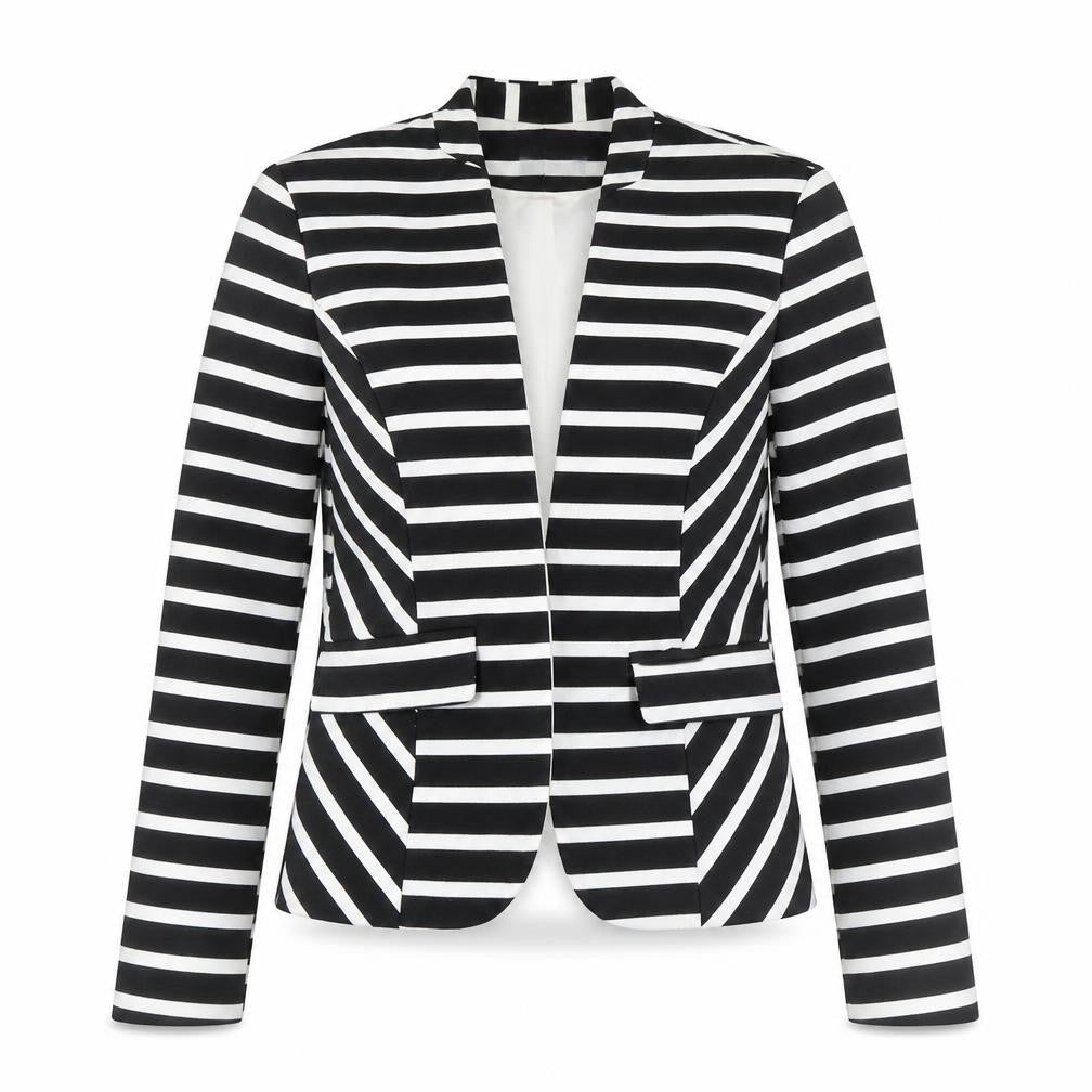 Front view of H&M Women's Black Striped Blazer, size 14, Regular Fit