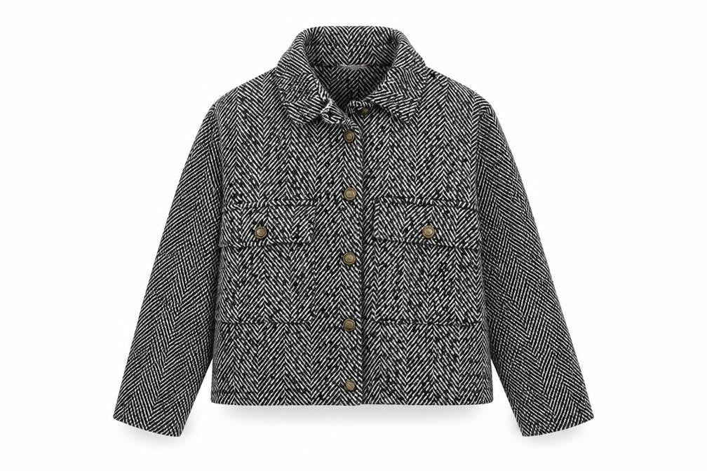 Front view of SAIPH Women's Black Cropped Herringbone Jacket