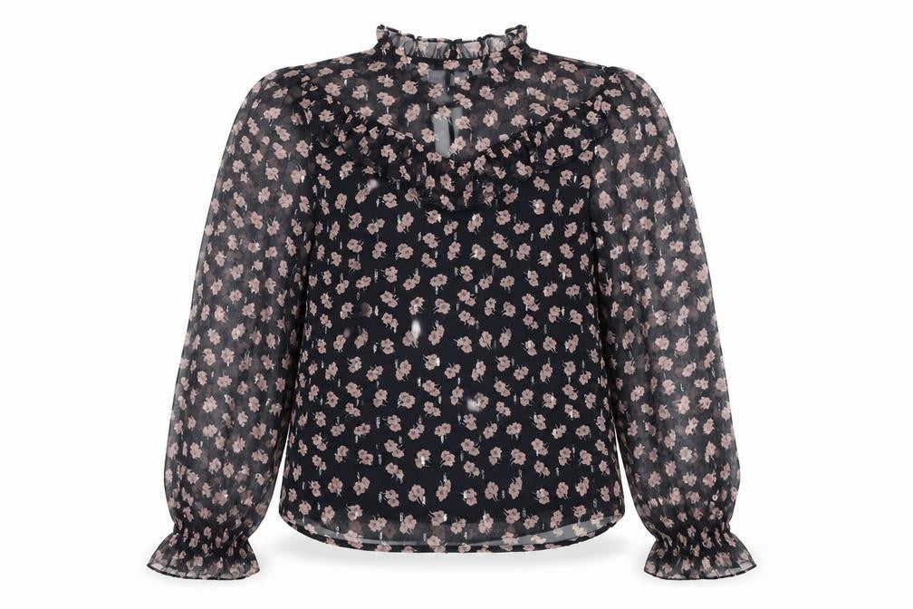 Front view of New Look Women's Black Floral High Neck Blouse, size 6