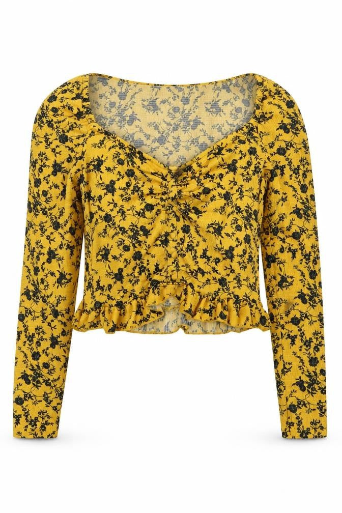 Free People Women's Yellow Floral Cropped Blouse Size 8