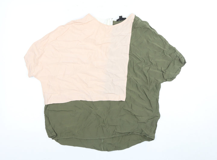 Topshop Women's Green Beige Colourblock Blouse, Size 8