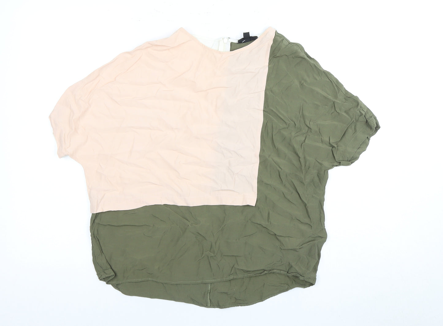 Topshop Women's Green Beige Colourblock Blouse, Size 8