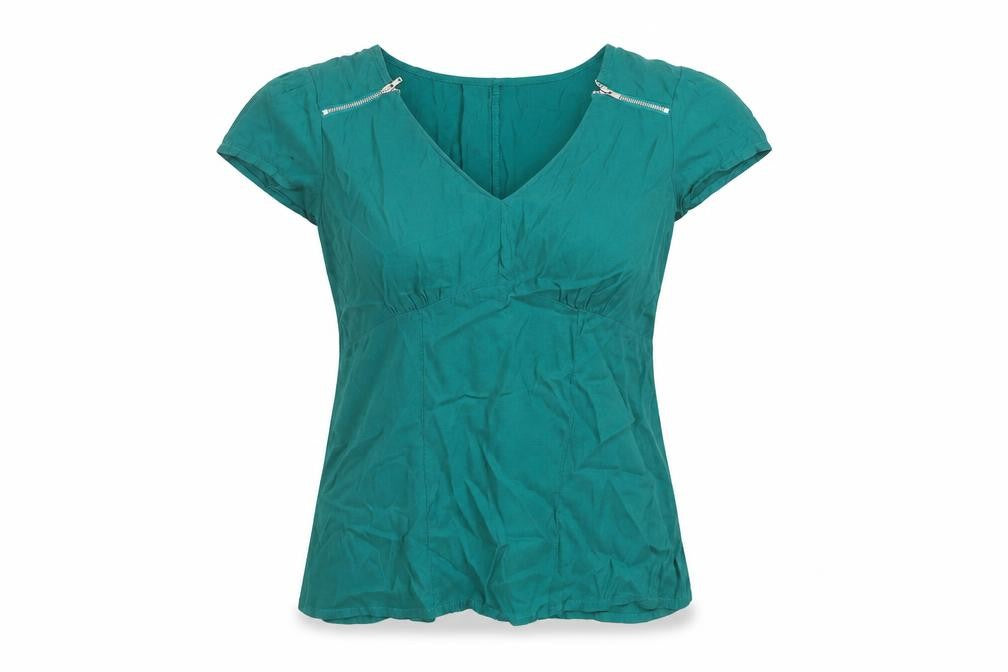 Front view of Oasis Green V-Neck Short Sleeve Women's Top
