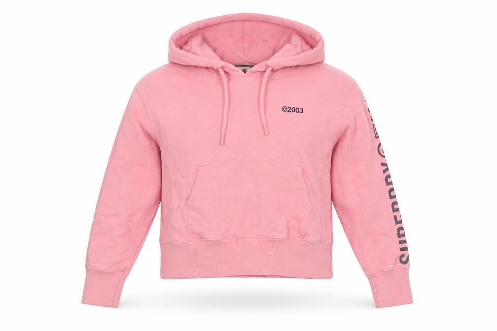 Front view of Superdry Women's Pink Pullover Hoodie, size 10