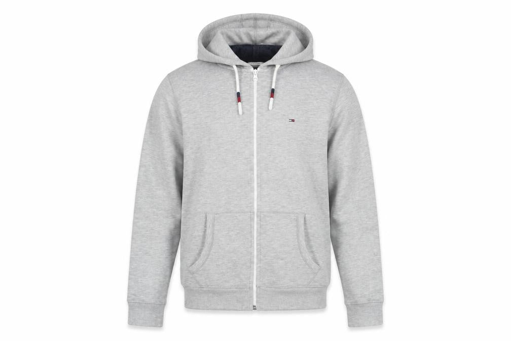 Front view of Tommy Hilfiger Men's Grey Mid-Length Hooded Jacket