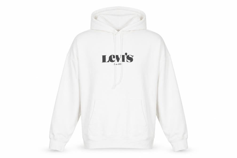 Front view of Levi's Men's White Hoodie M - Logo, Drawstring, Cotton