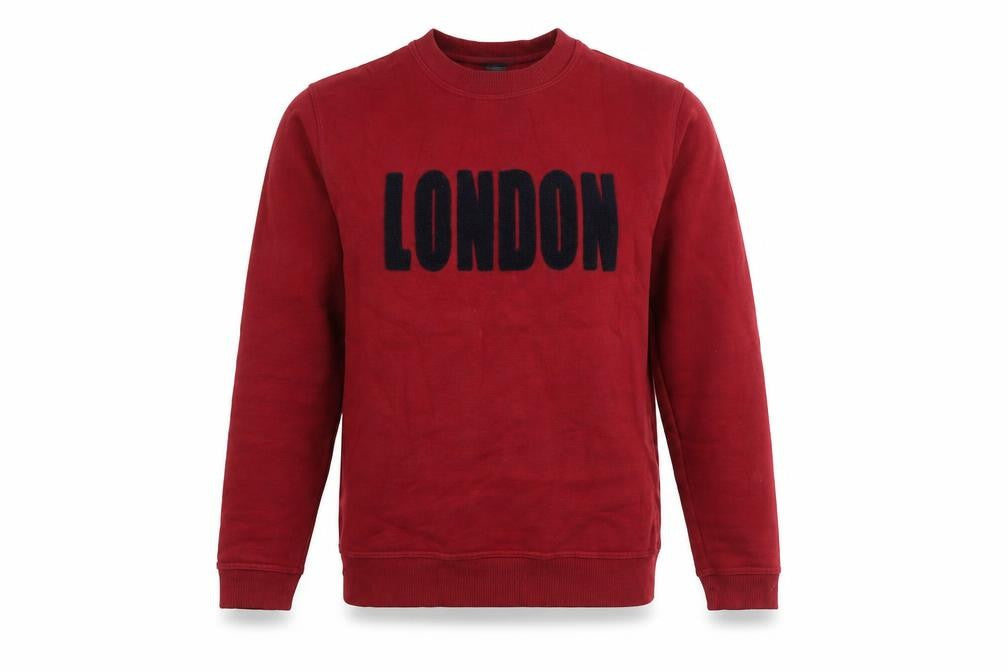Front view of UK Red London Graphic jumper, size S