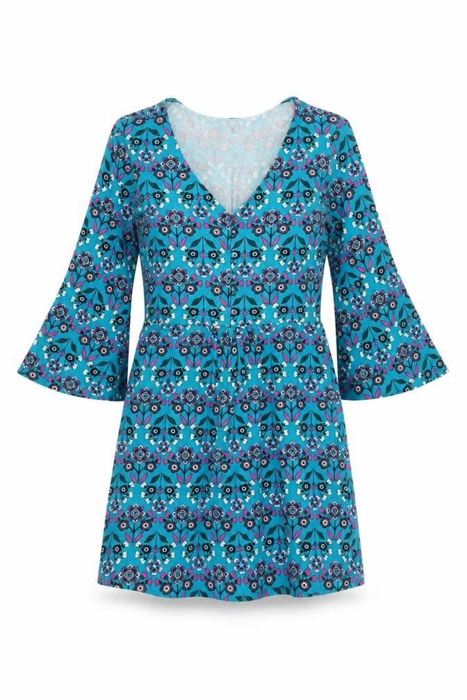 Boden Women's Blue Floral Bell Sleeve Dress, Size 6