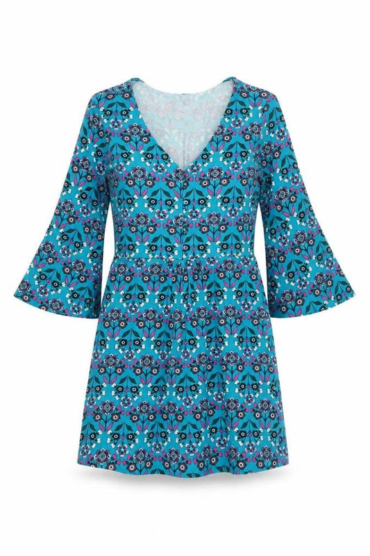 Front view of Boden Women's Blue Floral Bell Sleeve Dress, size 6