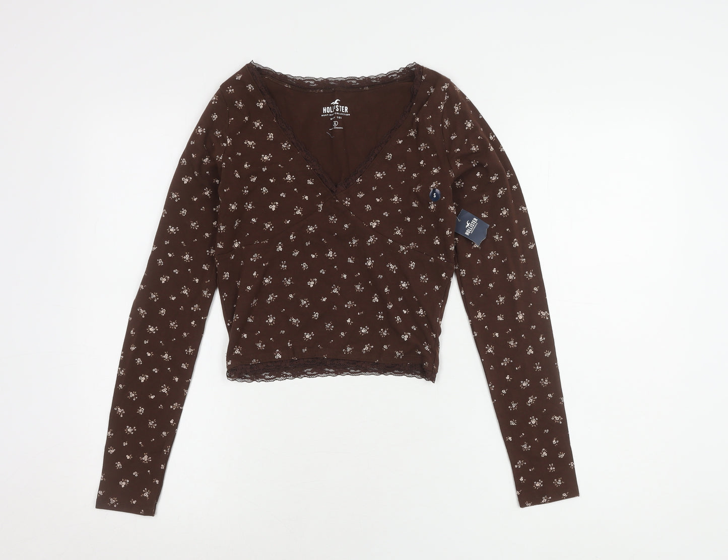 Hollister Women's Brown Floral Cropped Tee, Size S, V-Neck