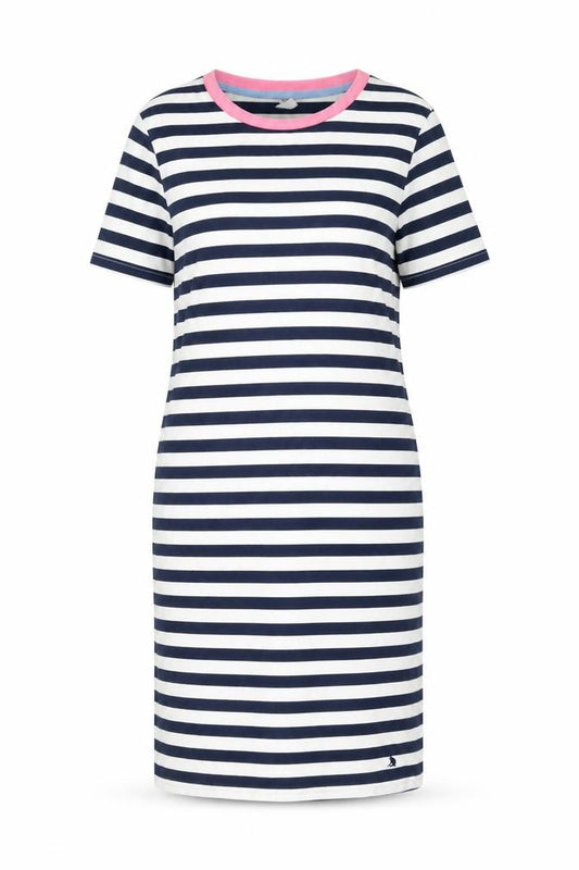 Front view of Joules Women's Blue Striped T-Shirt Dress, size 8