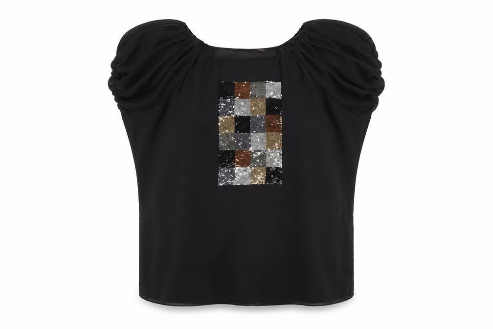 Front view of Ted Baker Women's Black Sequin Blouse, size 10, Party-Ready