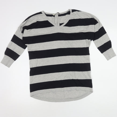 Oasis Women V-Neck Striped Cardigan in Grey Size M