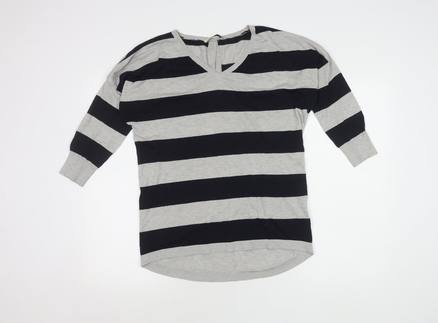 Oasis Women V-Neck Striped Cardigan in Grey Size M