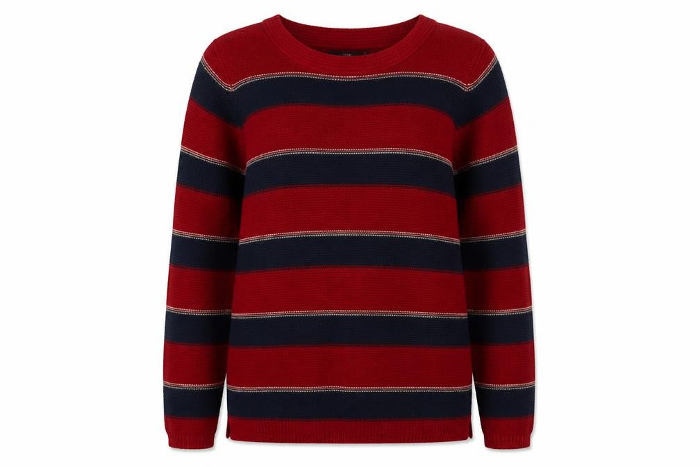 Front view of ISLE Women's Red Striped jumper, size L