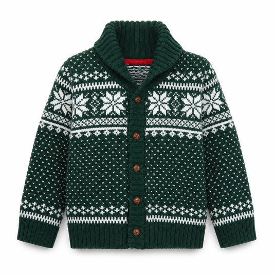 Front view of Tahari Green Knit Cardigan, unisex baby 9-12m, fair isle winter