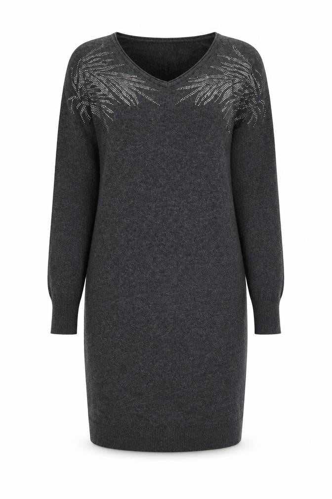 Front view of Monsoon Women's Grey Sequin Wool Jumper Dress S